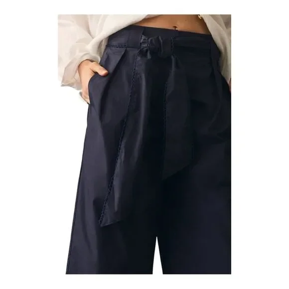 Anthropologie En Saison Marin Navy Wide Leg Embroidered Belt Trousers Large - Picture 4 of 8